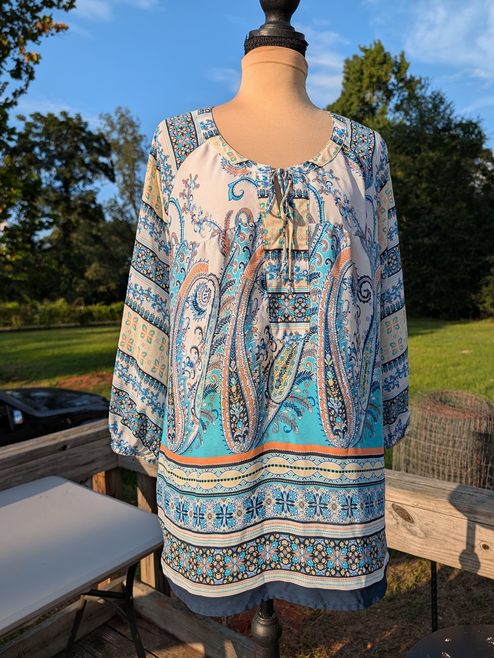 new directions Teal and Cream Paisley Tie-Neck Tunic